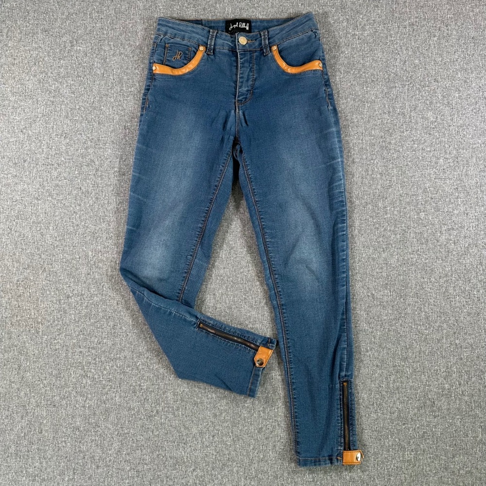 Joseph Ribkoff Denim Skinny Jeans Blue Leather Trim Zipper Ankle Pants Womens 6